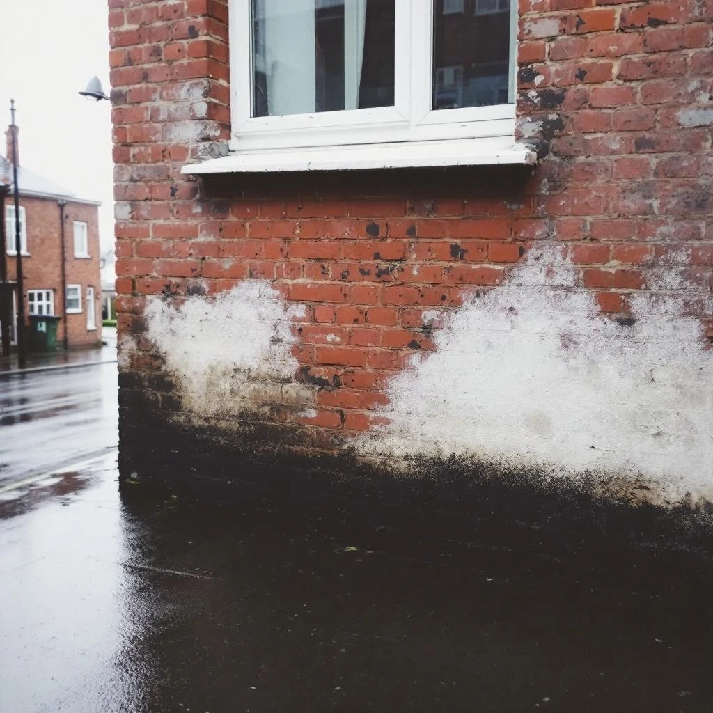 Facade de maison belge avec humidite ascensionnelle visible sur les briques - depots blancs et traces d'humidite