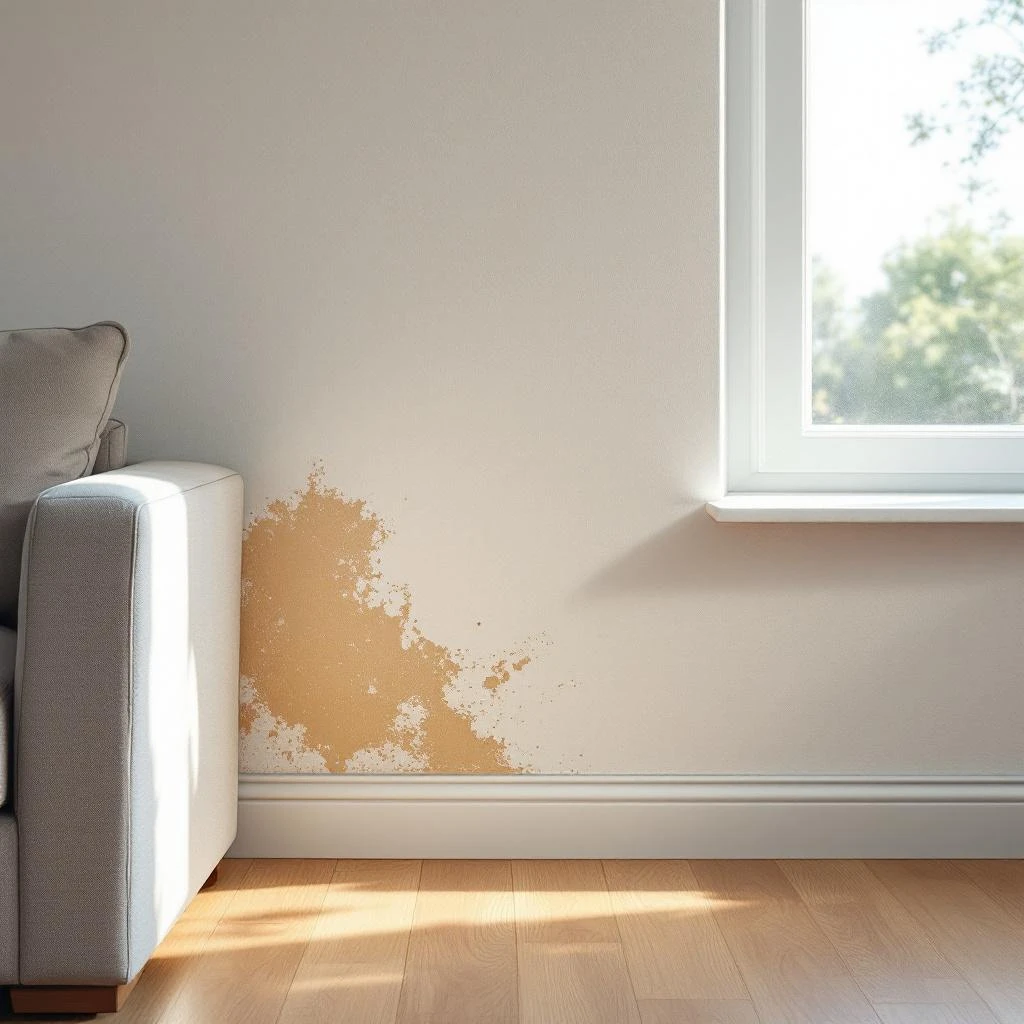 Mur humide dans un salon belge - taches d'humidite pres de la plinthe necessitant un traitement professionnel